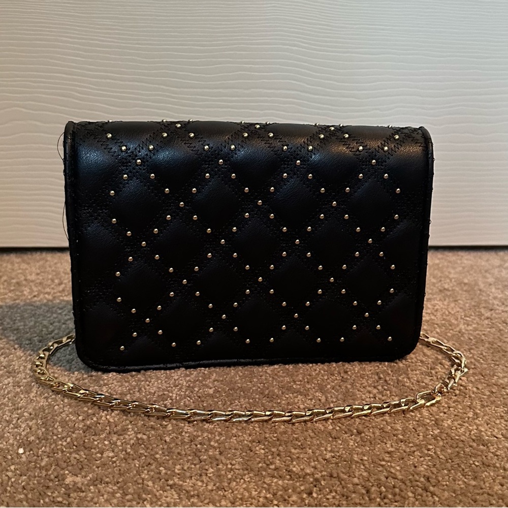 Black Studded Quilted PU Leather Shoulder Bag NWOT